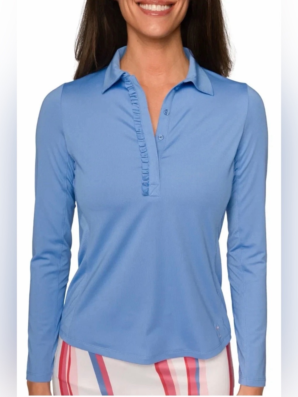 Golftini Light Blue Long Sleeve Polo with Ruffle Placket M